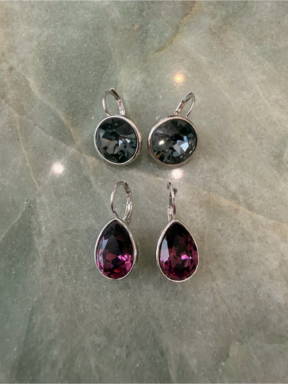 Purple Teardrop and Gray Round Crystal Drop Earrings
